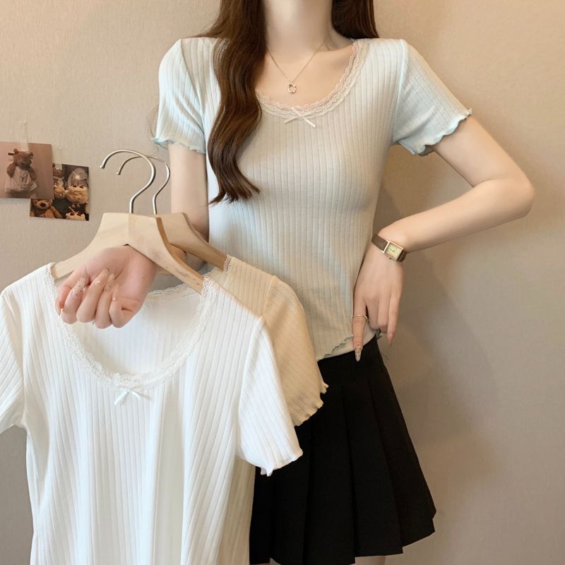 Real photos of pure and sweet hot girl lace bm short-sleeved T-shirt for women in summer base shirt slim fit inside short beautiful top