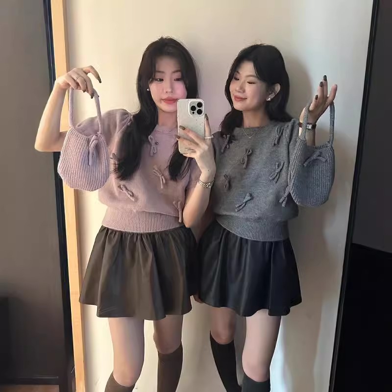 THE LIMON檸檬綠茶法式立體蝴蝶結少女感顯瘦短袖保暖毛衣女秋季