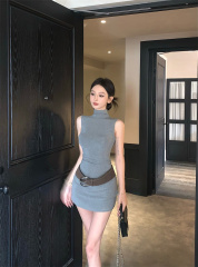 Real shot of fashionable American simple temperament high neck vest dress