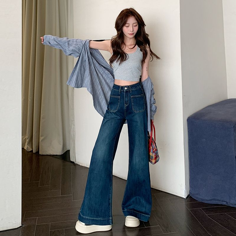 Real shot of 2025 spring new jeans high-waist loose floor-shaped trousers