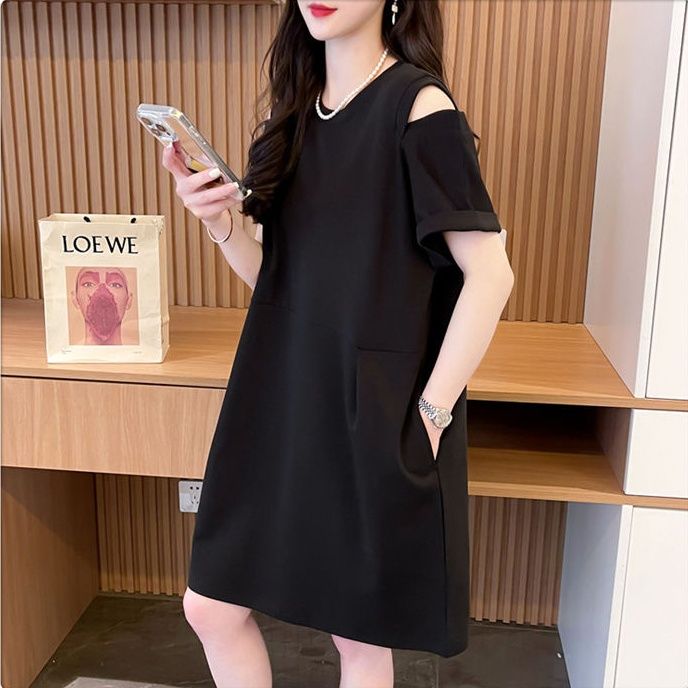 Official picture quality/rear collar/loose large size off-shoulder pocket pleated dress