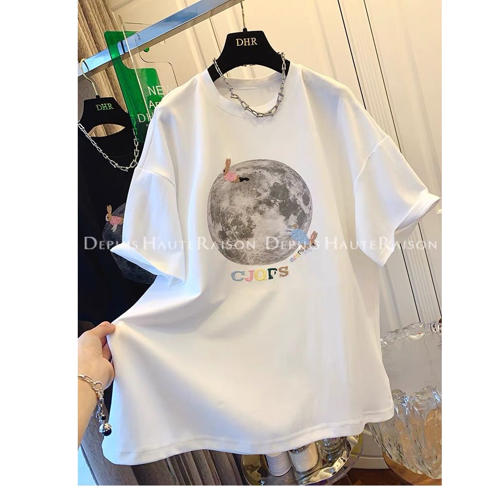 官圖特大碼300斤刺繡小兔子短袖T恤寬鬆上衣女2025夏