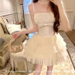 2025春夏新閃亮蓬裙公主蝴蝶結吊帶ins潮連衣裙少女仙淑甜美可愛J