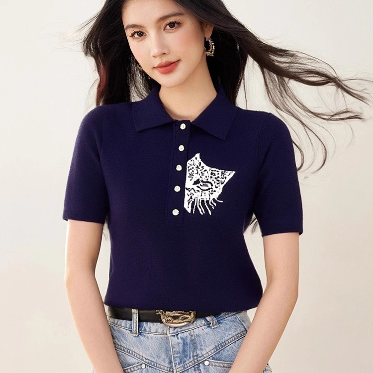 夏季新款洋氣polo領短袖女寬鬆薄款刺繡貓翻領t恤半打底針織衫