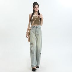 Real shot of 2025 spring loose ripped jeans slimming floor wide-leg trousers