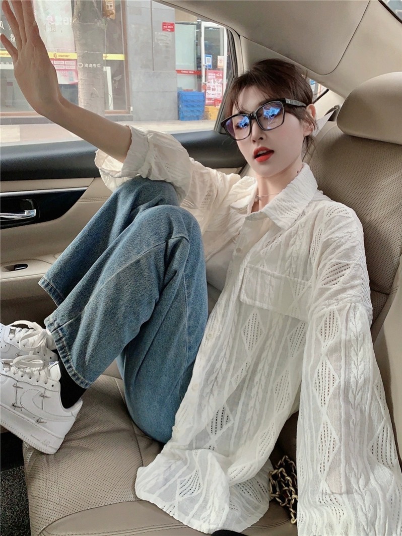杏色設計感小眾鈎花襯衣防曬衣外套女夏季新款寬鬆慵懶風襯衫上衣