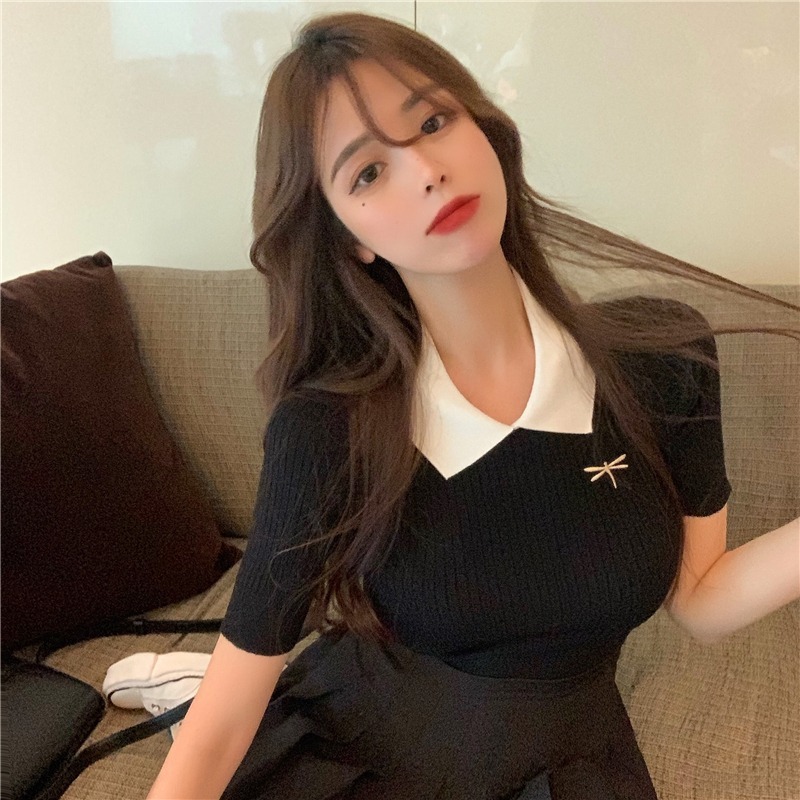 jennie金智妮同款時尚刺繡法式黑白拼色冰絲針織衫上衣