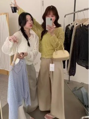 UMI十三行2025春秋季韓版氣質溫柔風長袖鏤空罩衫吊帶兩件套