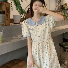 College style sweet summer contrasting bow floral puff sleeve doll collar dress for women