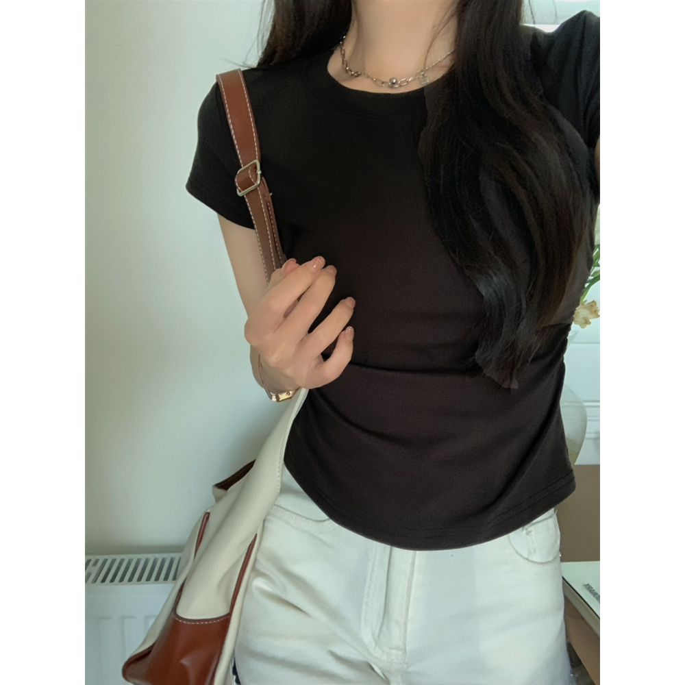 實拍  40支純棉210克92棉/8氨綸收腰t恤抽褶短袖女
