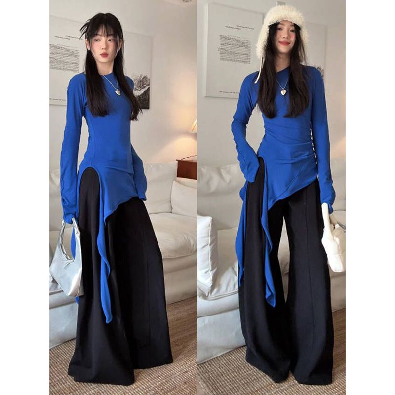 2025 new blue straps, front shoulder long-sleeved T-shirt, spring and autumn, inner and outer bottoming shirt, unique top trendy