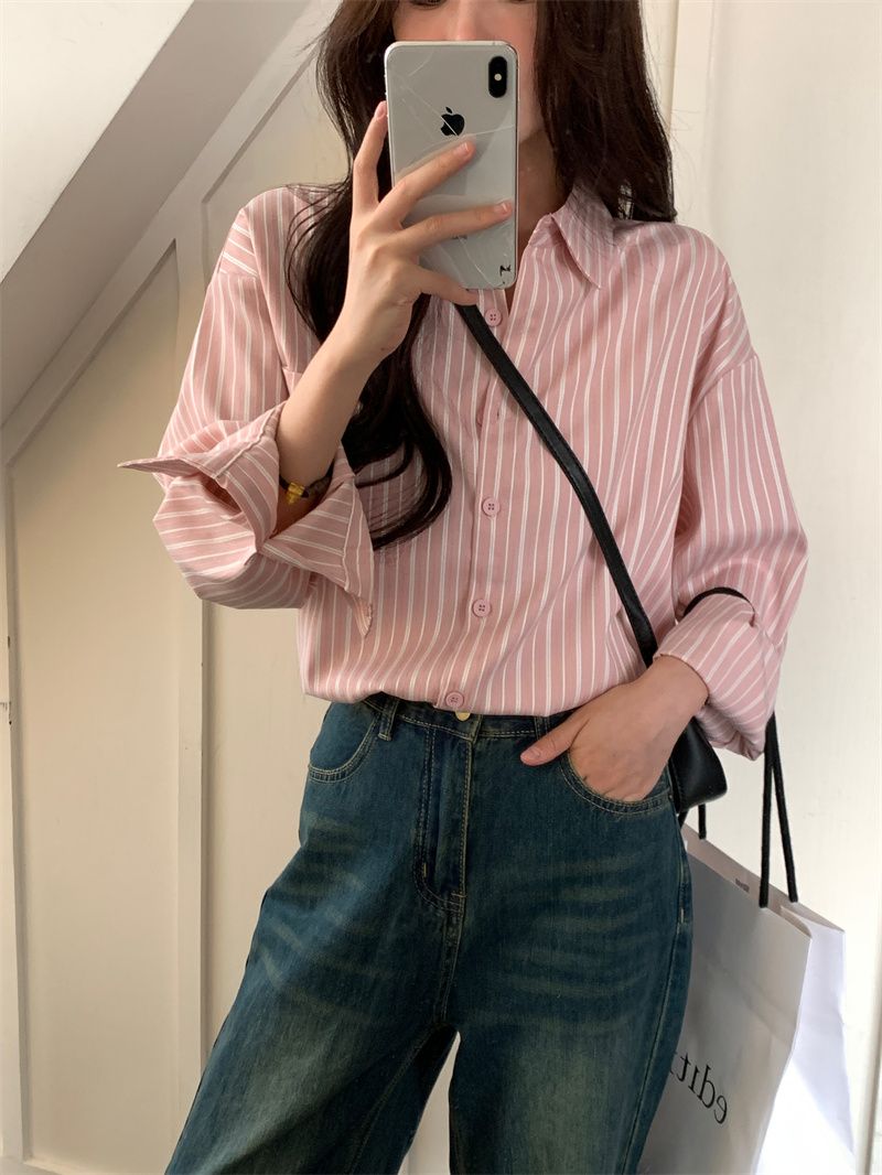 春秋裝鹽系chic粉色條紋襯衫女寬鬆休閒慵懶風薄款防曬衣外套上衣