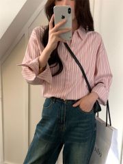 春秋裝鹽系chic粉色條紋襯衫女寬鬆休閒慵懶風薄款防曬衣外套上衣