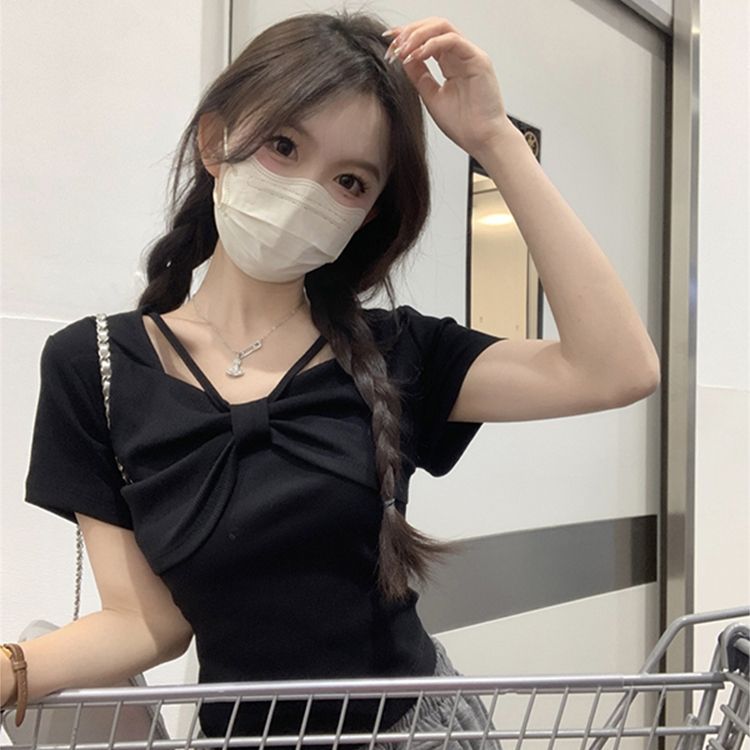方領短袖T恤女夏季韓版2025新款蝴蝶結設計感修身上衣