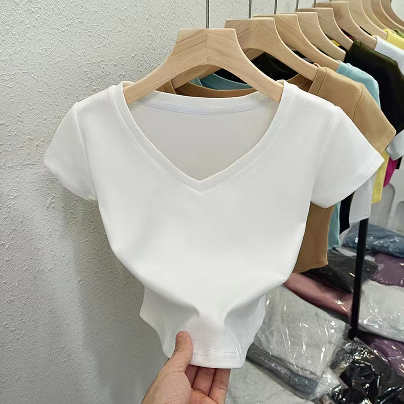 Real-life pure cotton ribbed V-neck short-sleeved T-shirt for women's short half-sleeved top