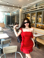 Real shot Havana love letters ruffled dress women's design sense spring and summer slim short suspender skirt