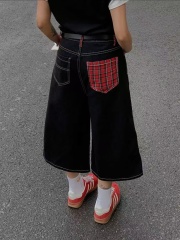 美式高街撞色紅格牛仔七分褲女夏季新款設計感寬鬆直筒闊腿中褲子