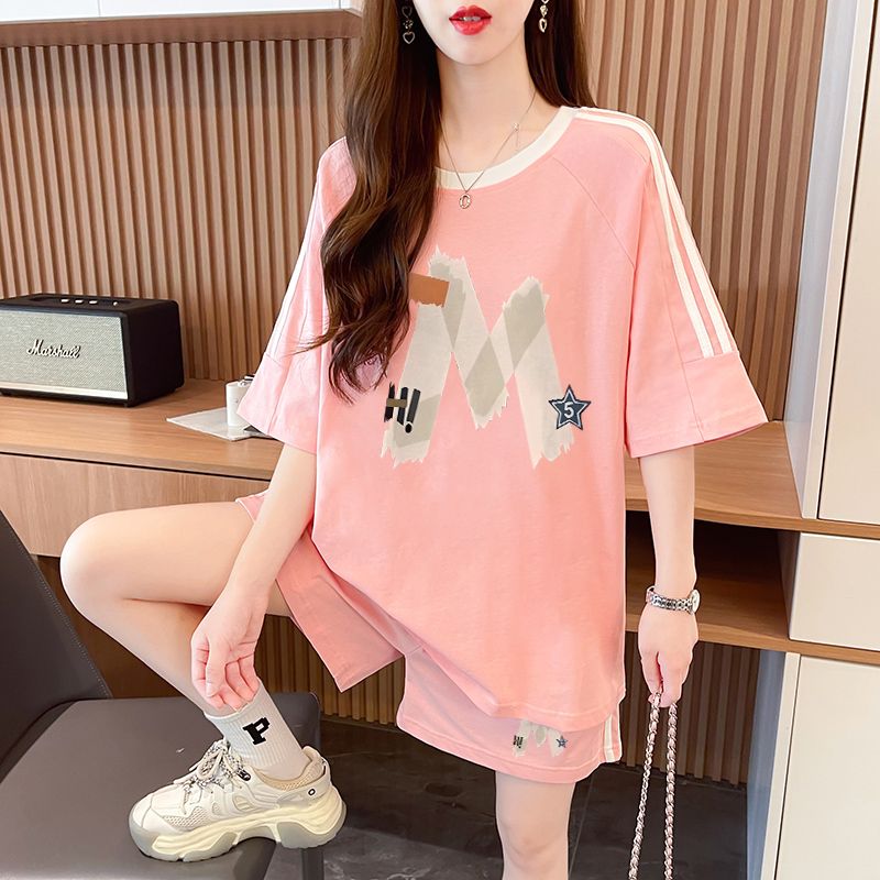 Real-life pure cotton 32 double yarn 230g summer new sports short-sleeved T-shirt shorts suit women's large size two-piece set