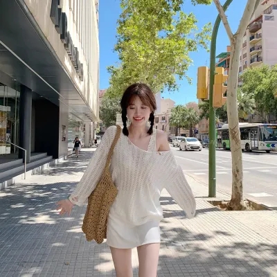 糯米糍鏤空套頭針織衫女夏季薄款寬鬆慵懶罩衫