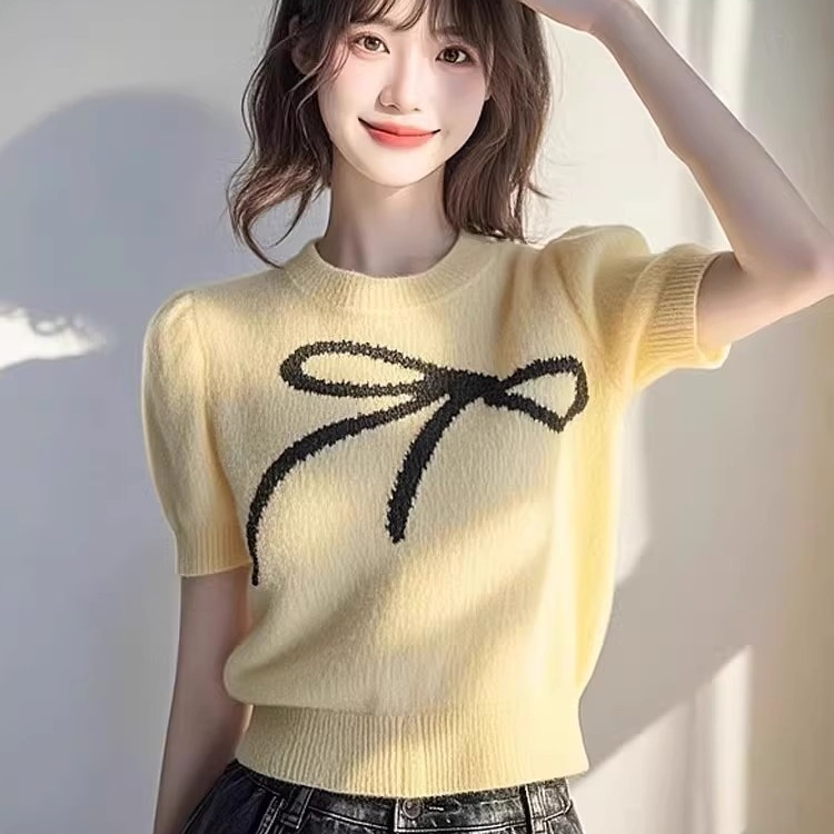 韓系輕奢高級感黃色蝴蝶結圓領短袖毛衣女夏季小個子軟糯針織上衣