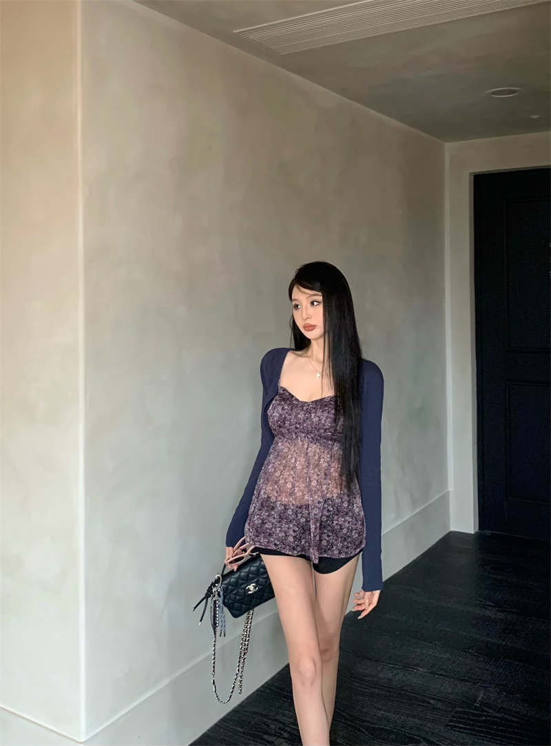Real shot of Secret Garden French chiffon purple small floral suspender cardigan shorts set
