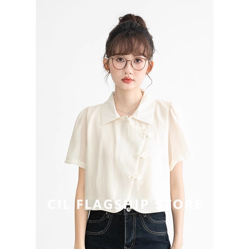 杏色新中式翻領短袖襯衫女夏季新款短款盤扣小衫洋氣獨特别致上衣