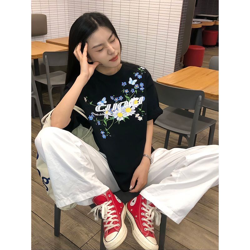 發泡印花純棉220克精梳緊密短袖t恤女