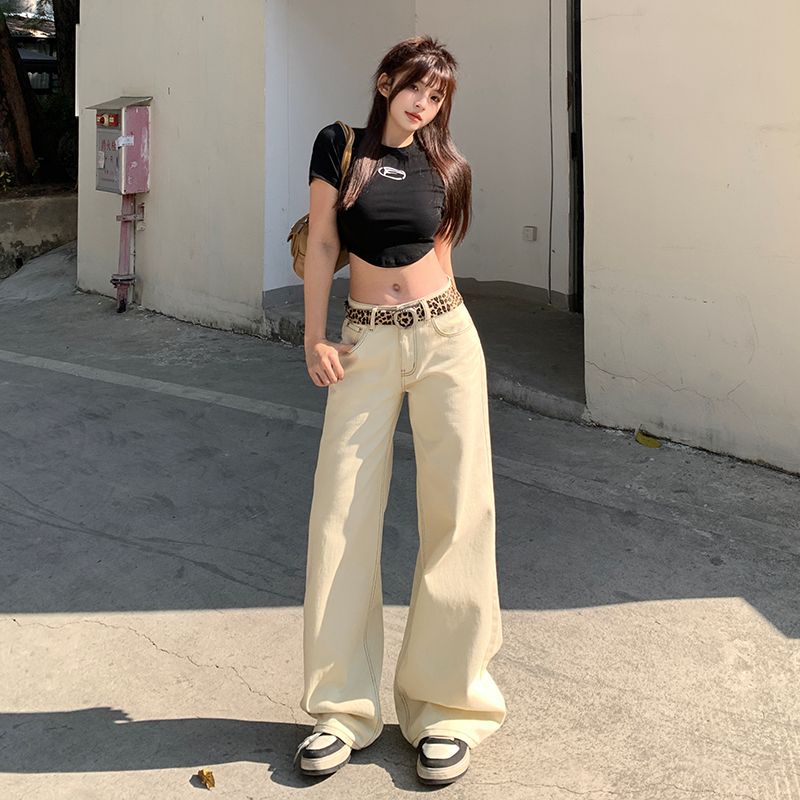 Real shot of 2025 spring and summer new style of bright line straight jeans wide-leg floor trousers & extended