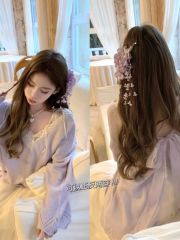 早春新款法式慵懶溫柔蝴蝶結綁帶v領拼接蕾絲兩穿紫色針織開衫女