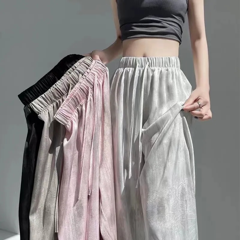 Summer thin ice silk satin ink painting tie-dye wide-leg pants for women loose casual drooping high waist slim pants ins