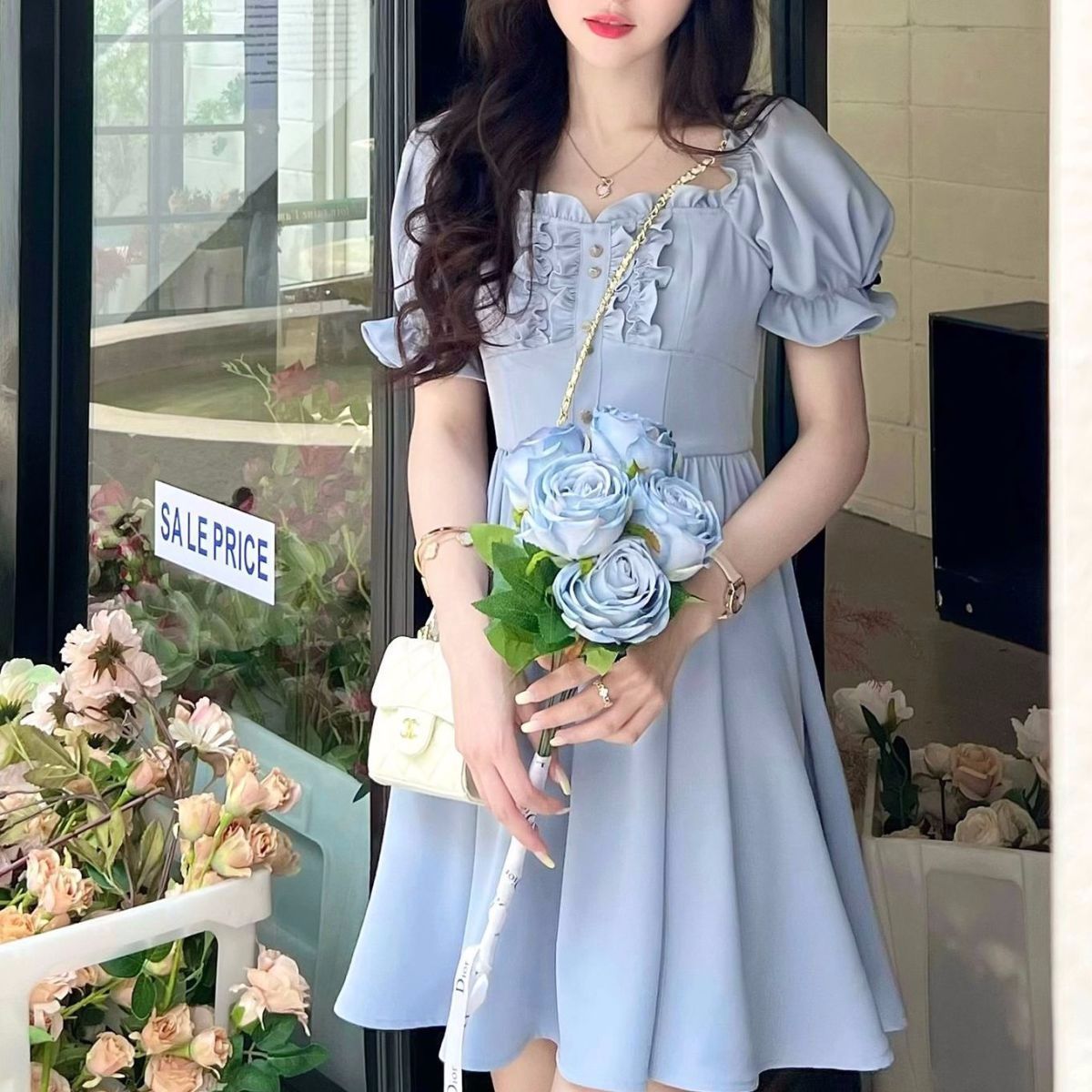 設計感仙女木耳邊方領連衣裙女夏季2025新款公主風短袖收腰A字裙