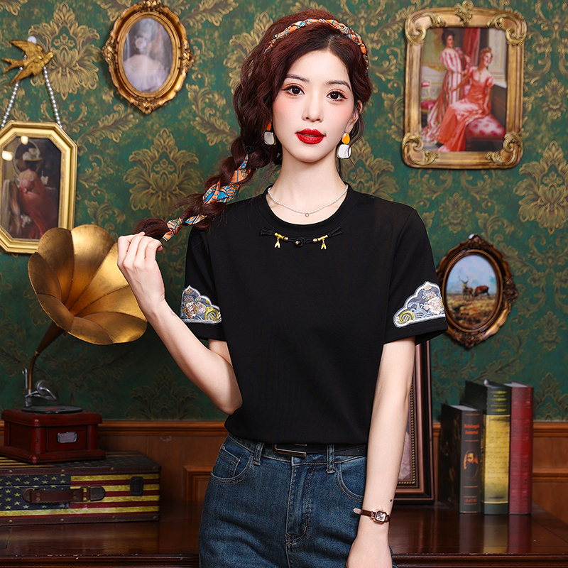 實拍新中式短袖t恤女2025年新款夏季國風盤扣設計感小眾寬鬆上衣
