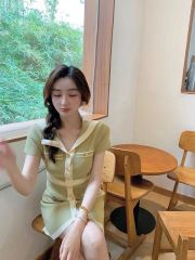 DoggyQin 夏日香香子夏新款針織小香風收腰氣質翻領連衣裙