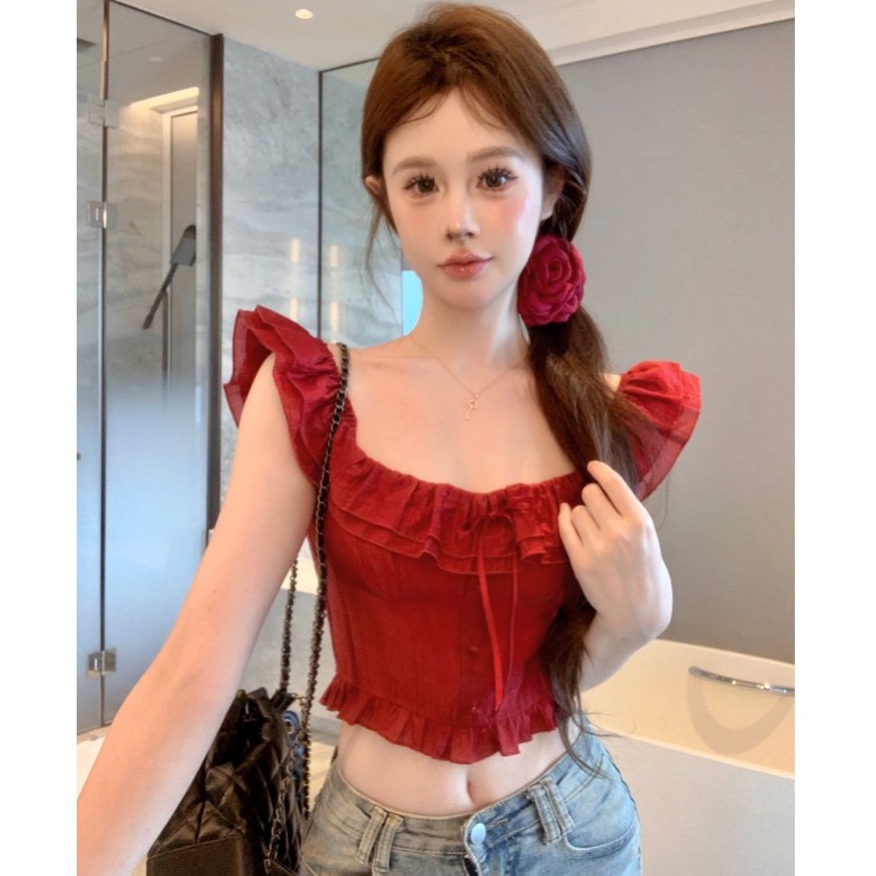可穿到120~紅色短款小飛袖方領露腰吊帶女夏季法式復古氣質上衣