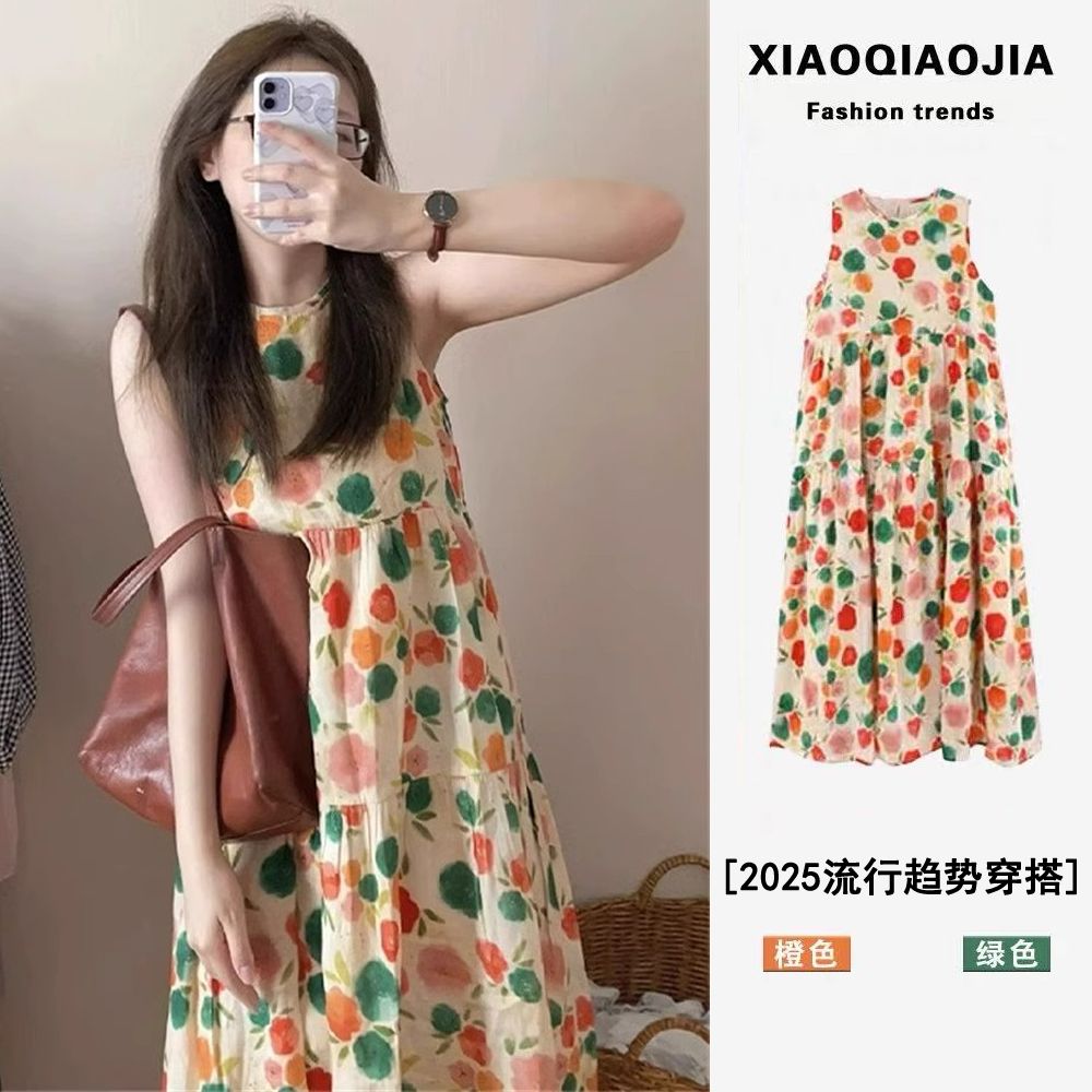 巴胺無袖連衣裙女夏季2025新款法式甜美海邊度假風碎花背心吊帶裙