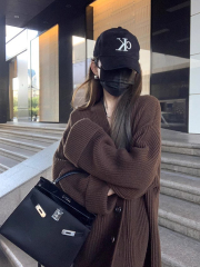 復古慵懶風v領毛衣開衫外套女鬆弛感咖色中長款針織開衫