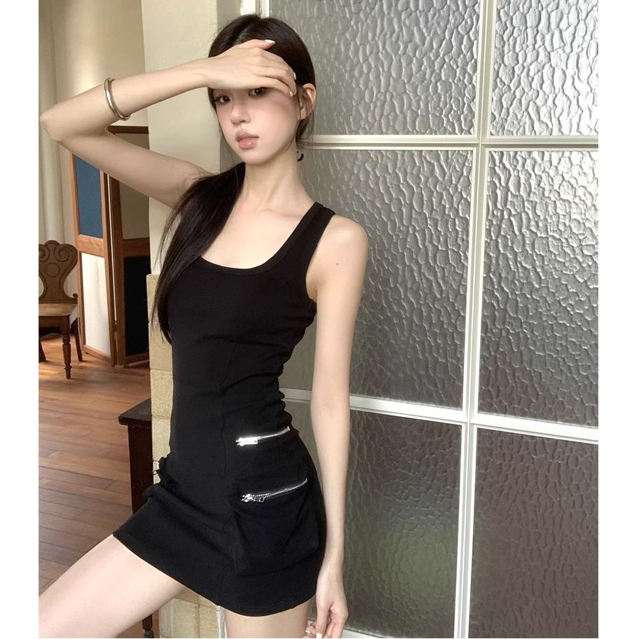 美式無袖背心連衣裙夏季修身新款辣妹氣質性感設計緊身短裙工裝