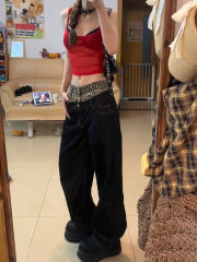 美式復古豹紋拼接闊腿牛仔褲夏季高街設計感高腰寬鬆直筒休閒拖地