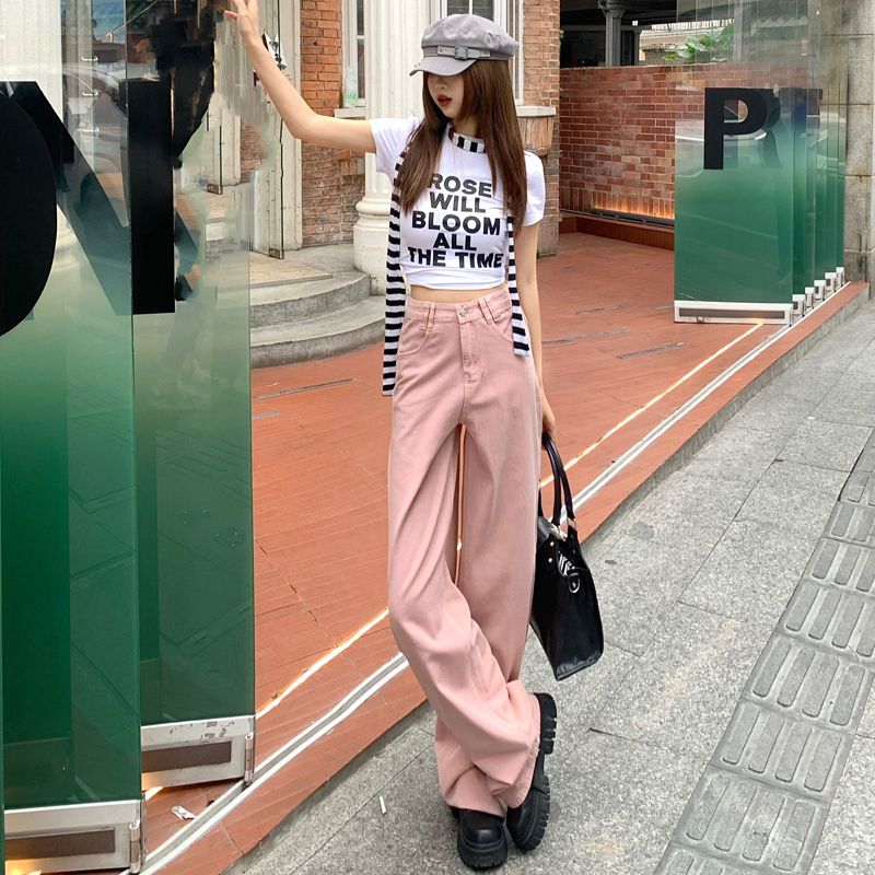 Real shot of 2025 spring loose wide-leg pants dopamine pink high waist straight-leg pants jeans for women