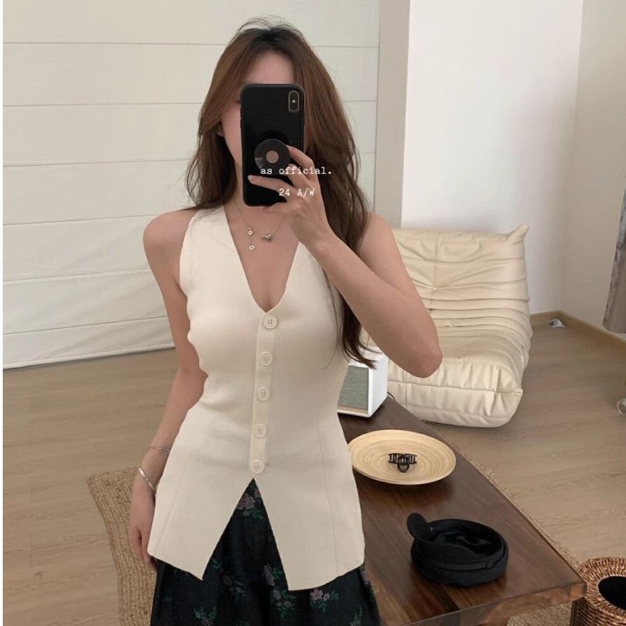 時尚百搭修身顯瘦開叉無袖外穿針織衫甜辣妹單排扣V領吊帶背心