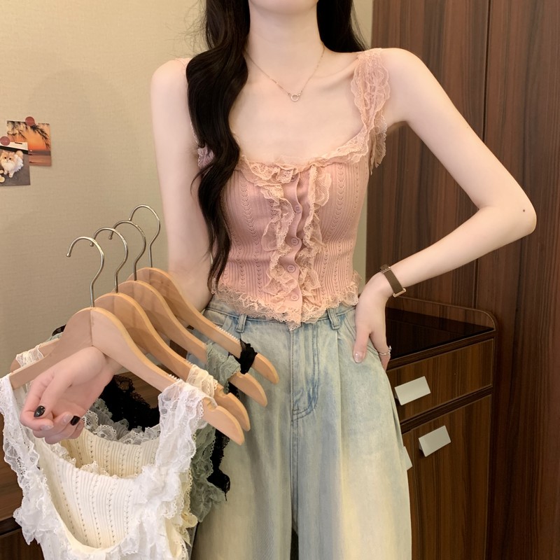 Real shot of new summer French ears with lace lace sweet sleeveless knitted suspender vest top