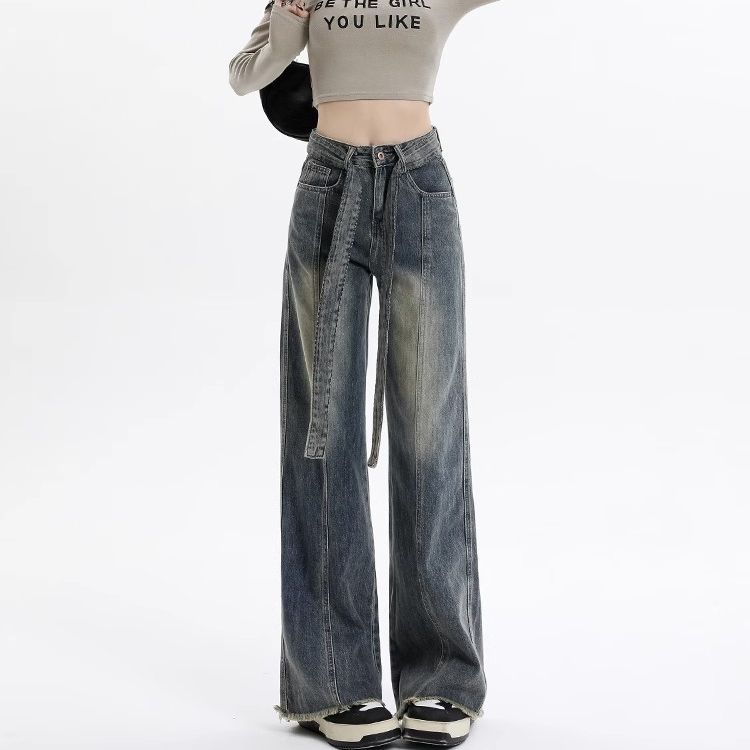 Retro American high street straight jeans for women in autumn and winter new high-waist loose flesh covering and slimming versatile wide-leg pants