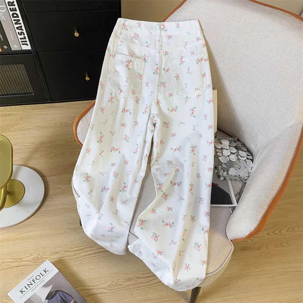 甜美個性直筒設計白色牛仔褲新款2025高腰夏季寬鬆碎花闊腿褲子