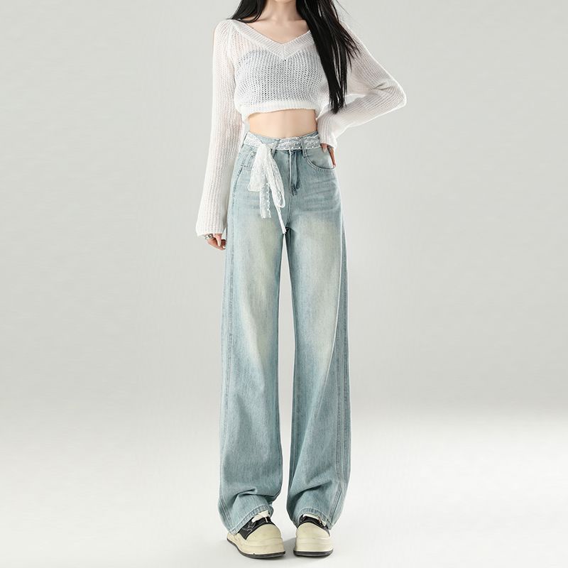 Real shot of 2025 spring fashion high waist droop floor straight loose pants lace belt