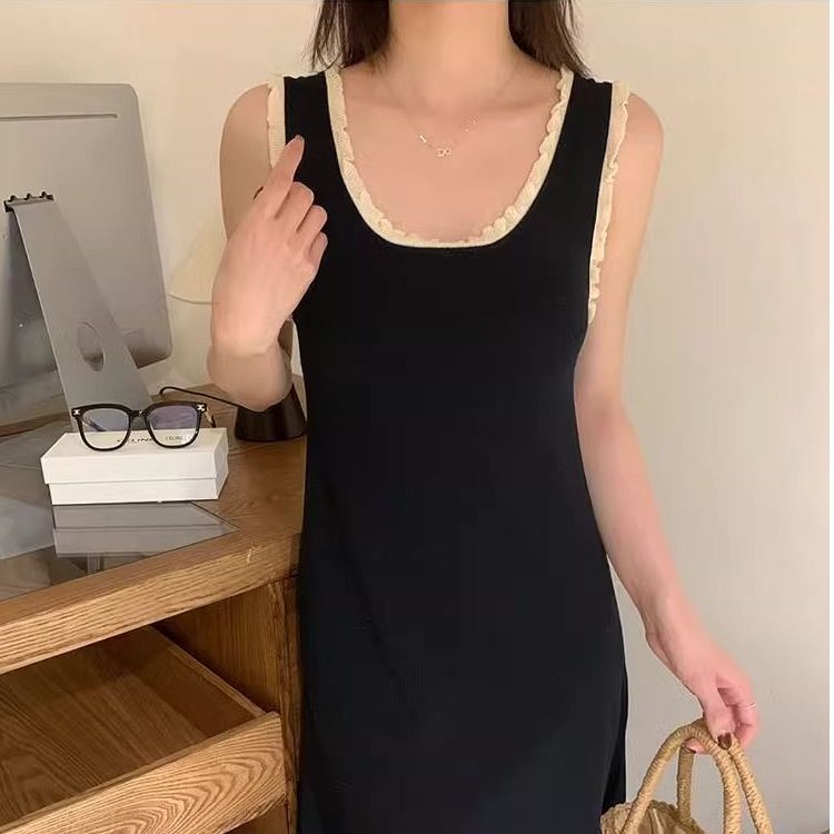 小眾設計感木耳邊無袖背心針織裙女2025夏新款休閒顯瘦長款連衣裙