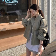 韓國chic春秋季復古帥氣翻領拉鏈設計寬鬆百搭長袖機車服上衣外套