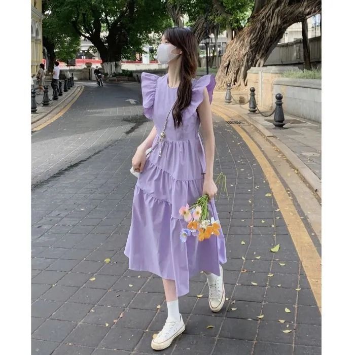 2025年新款茶歇法式桔梗復古高級感氣質仙女收腰紫色連衣裙子女夏