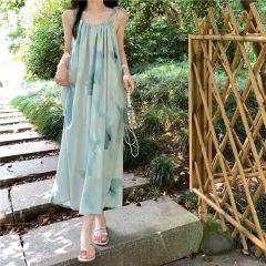 Beach Vacation Tie-Dye Dress for Women Summer French A-Line Loose Slimming Beach Dress Sleeveless Straps Long Dress