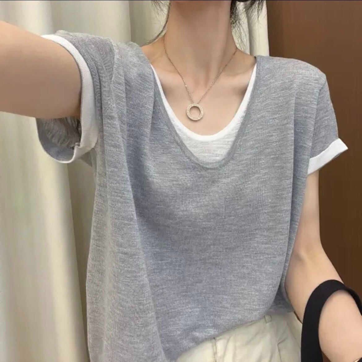 美式小眾新款夏季百搭韓系冰絲假兩件短袖T恤女