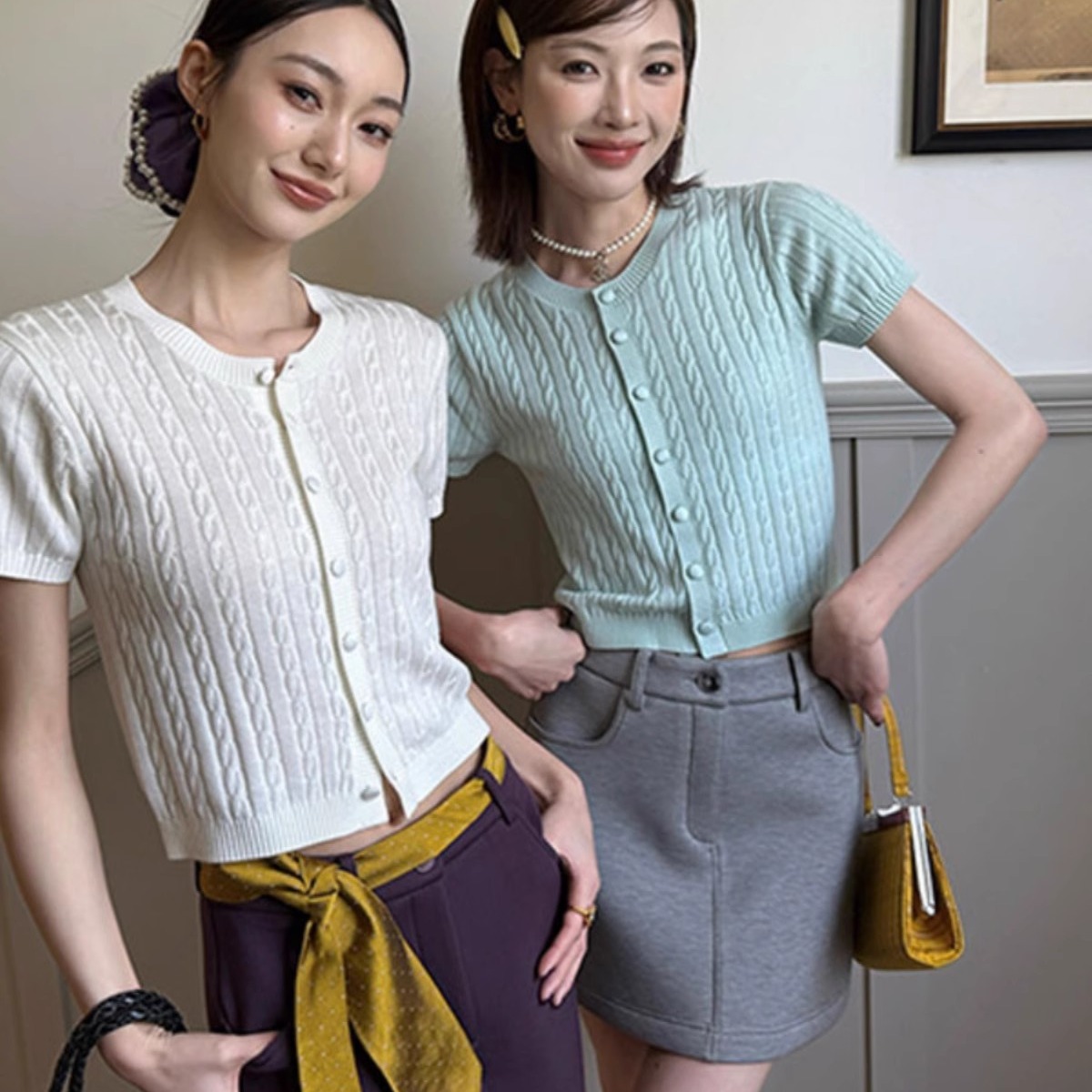 鷺青一原創雲薄荷經典絞花針織衫女春復古假門襟設計短袖上衣